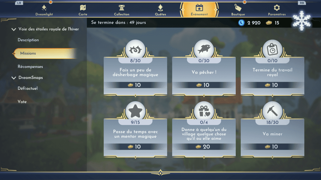 Guide des missions pour l'événement Voie des étoiles  Royale de l'hiver - Disney Dreamlight Valley